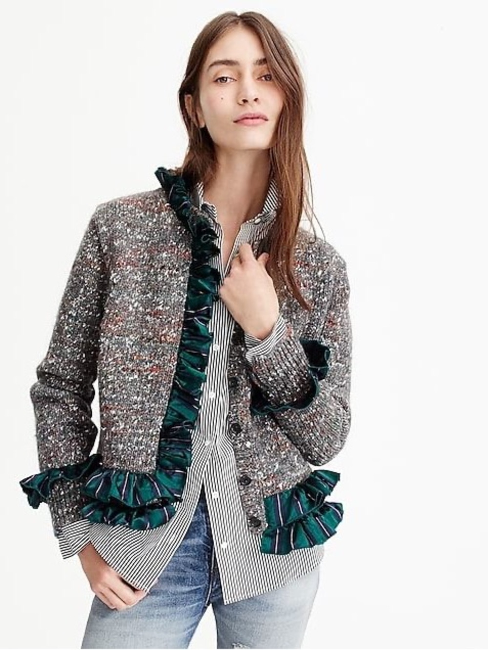 J Crew Collection sweater lady jacket with silk tartan trim